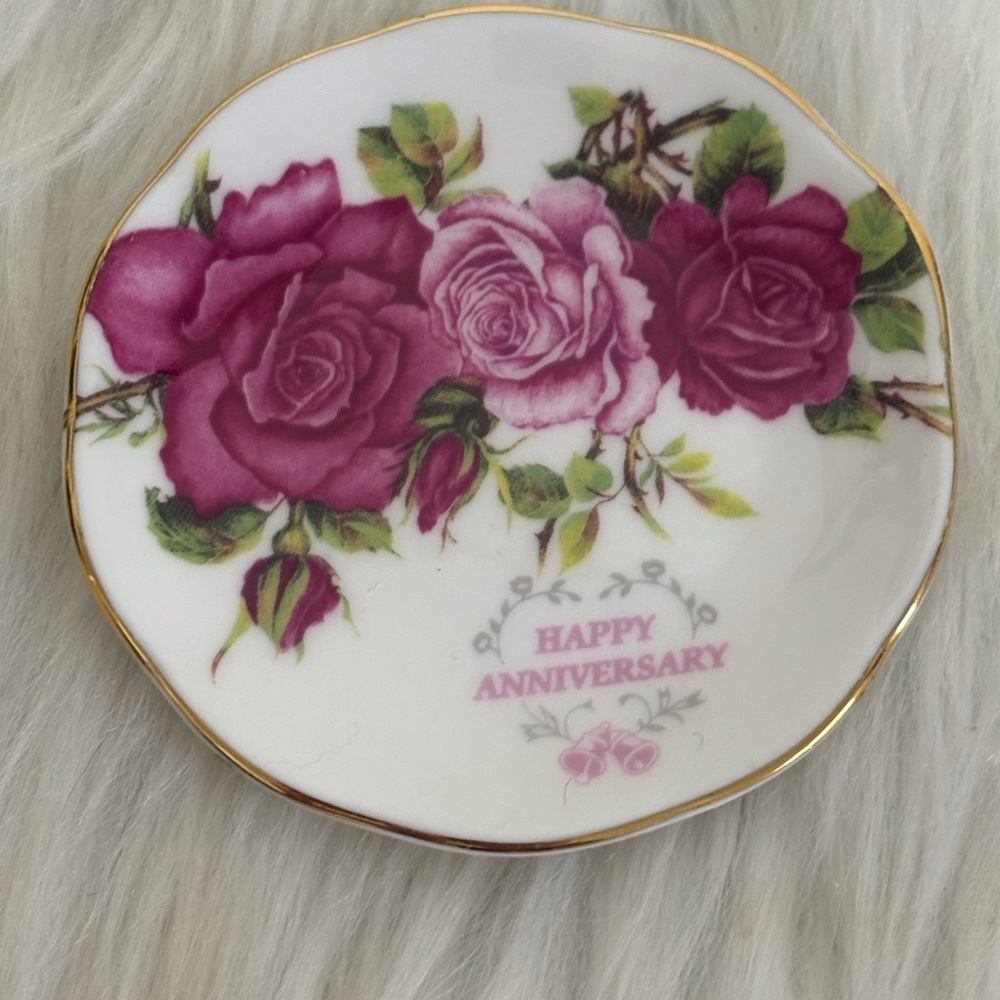 (182)Floral 'Happy Anniversary' Decorative Trinket Dish - Pink Roses Tiny dish.
